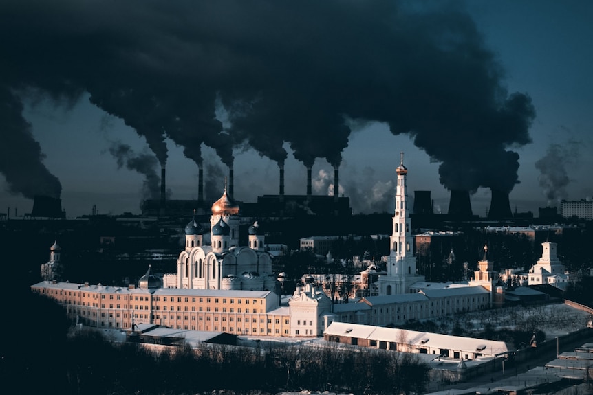A 500-year-old monastery in the Moscow region and a large power plant in the background
